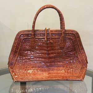 Brown Crocodile leather
Top zipper

Width 12"
Depth 7"
Height 10"
Handle drop